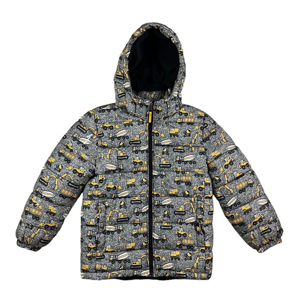 H&M Gray Construction Vehicle Print Puffer Jacket  Boys 8  Coat w Removable Hood - Picture 1 of 10